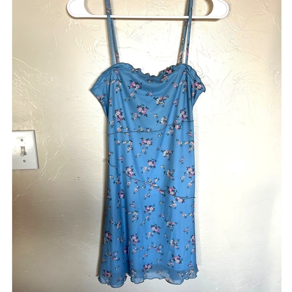 Blue Floral Mini Slip Dress Ruffle Trim‎ Spaghetti Strap Grunge Junior Babydoll
